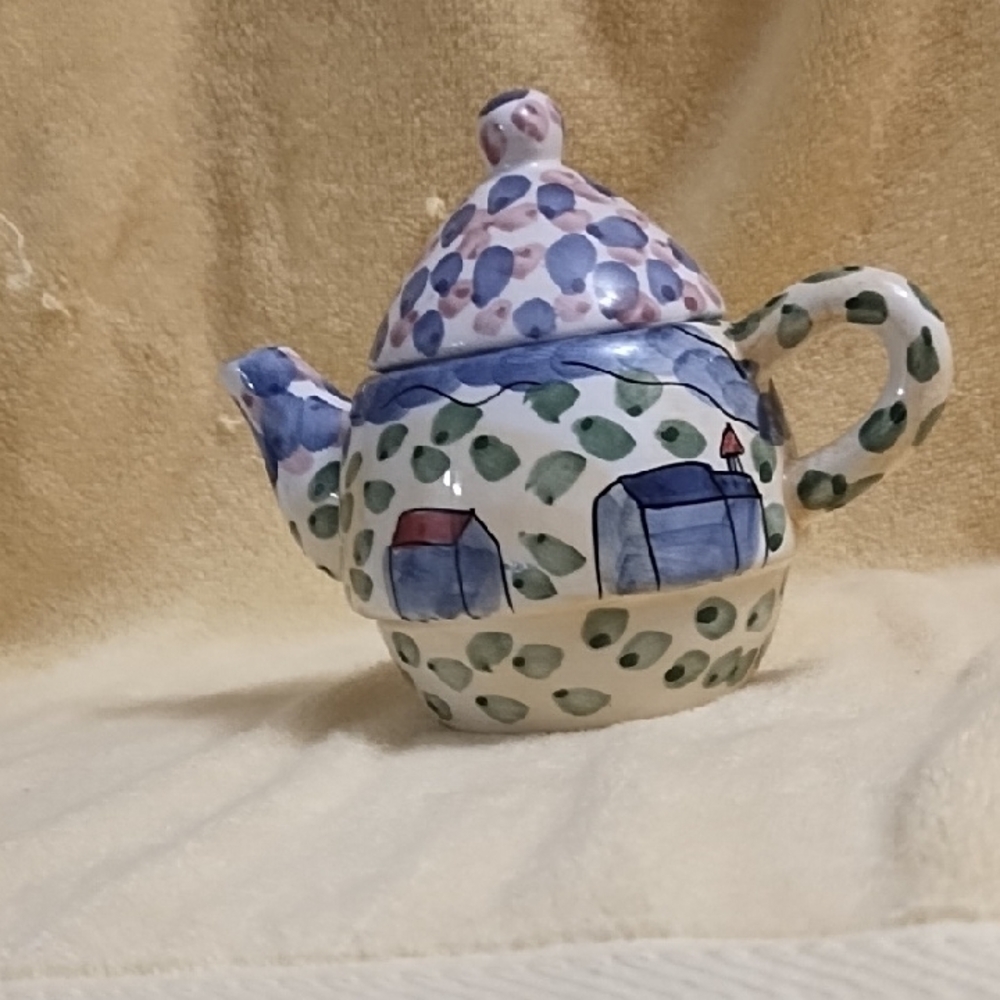 Hand-Painted Ceramic Teapot with Blue and Green Design